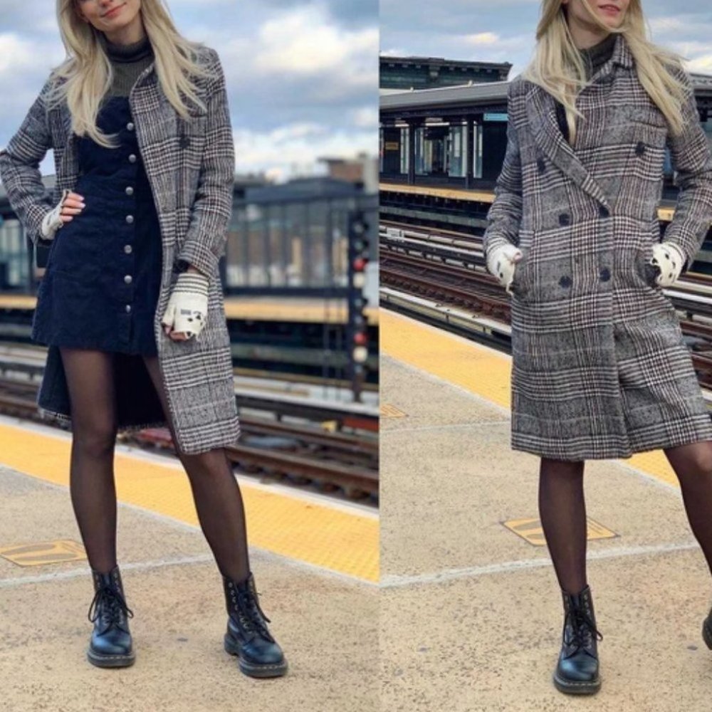 plaid Print Double Breasted Pea Overcoat jacket fall/winter - Picture 10 of 15